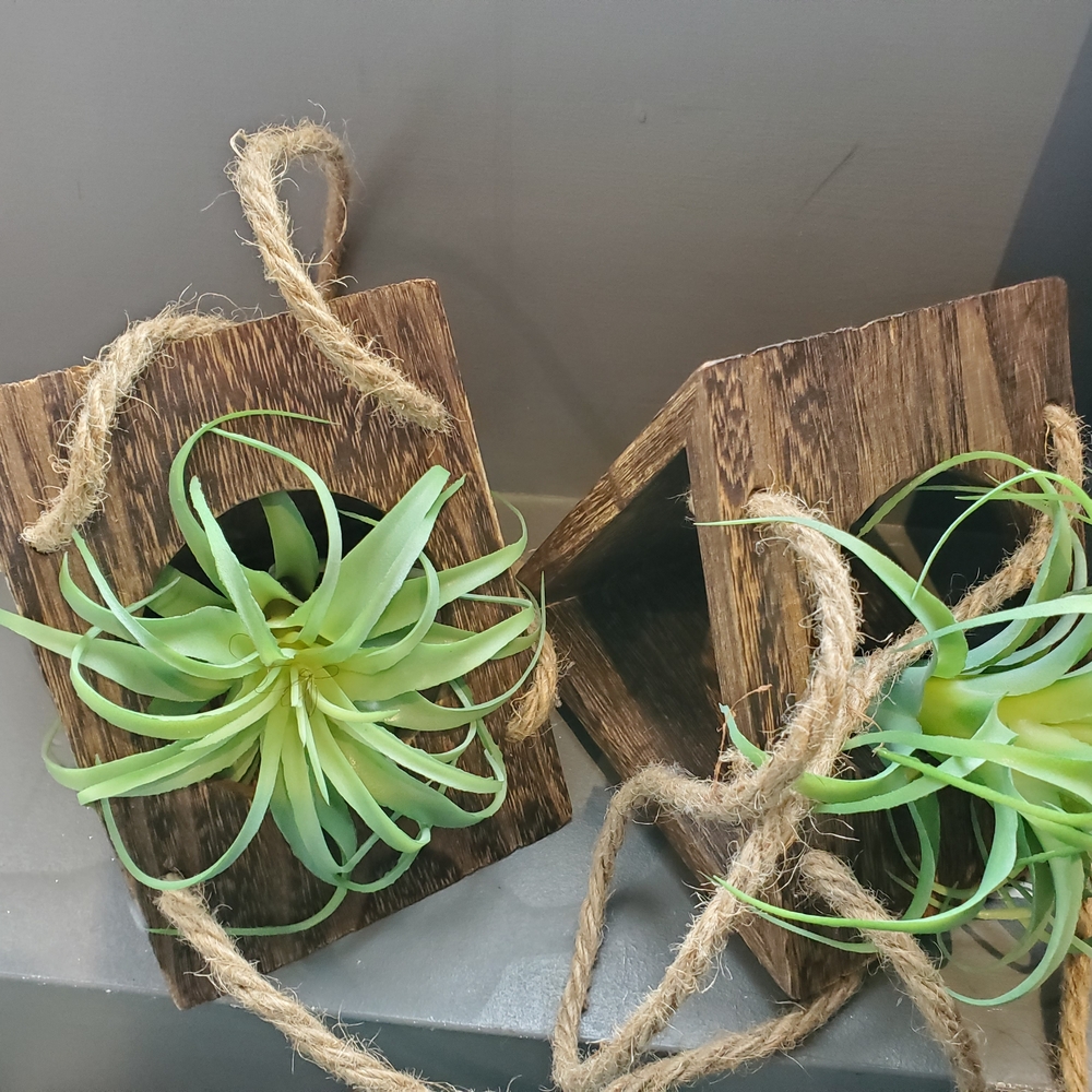 Wood Hanging Planter with Green Faux Air Plant